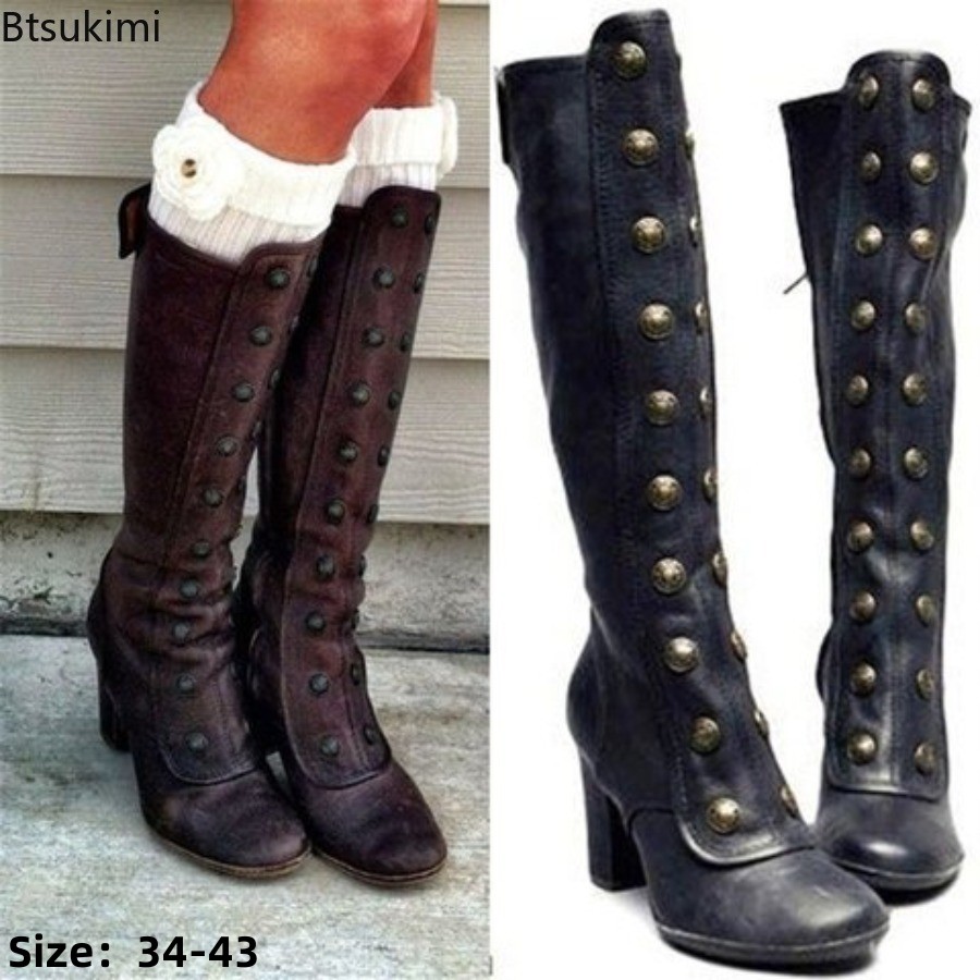 High Knee Heel Boots - Bottes rétro noires à rivets, talons