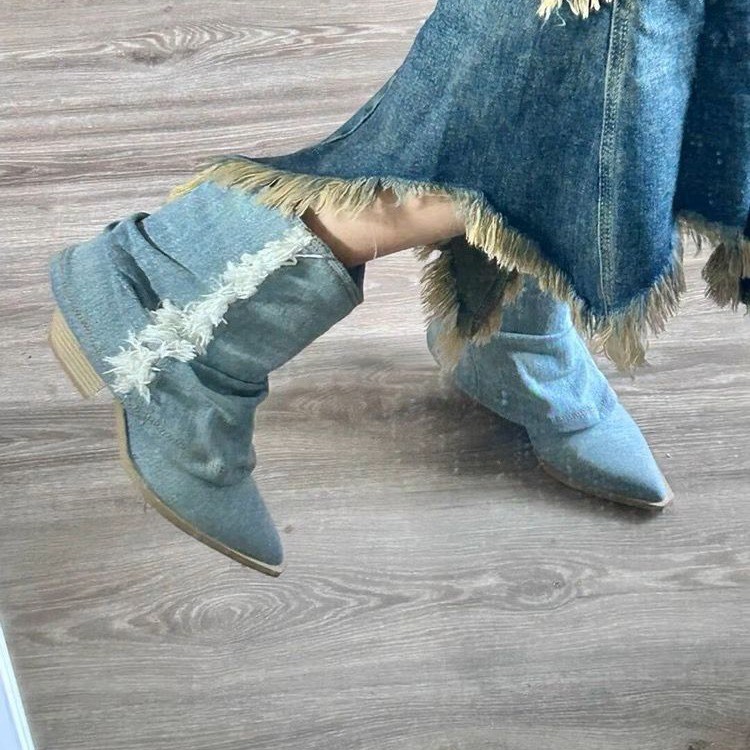 Women'S Shoes Navy Blue - Bottes de rinçage en denim plissé