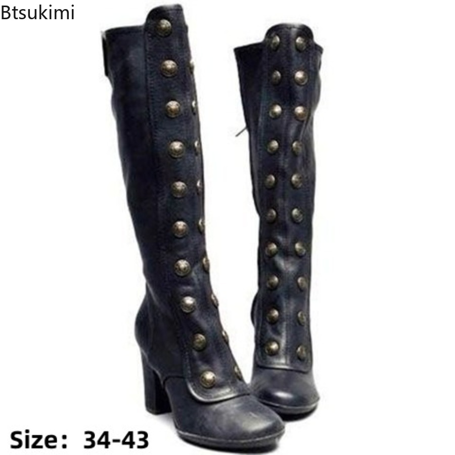 Bottes rétro noires à rivets,  - High Knee Heel Boots avis et prix